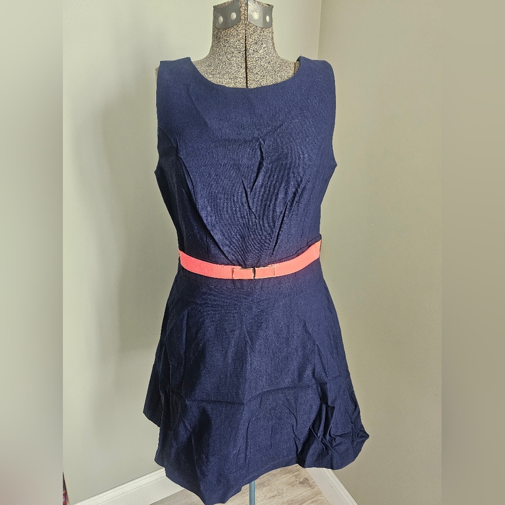 Chic Navy Dress with Pink Belt